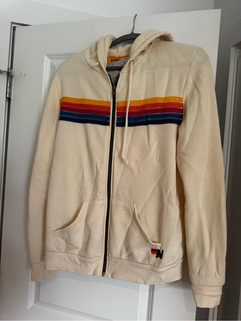 Aviator Nation Cream Zip Hoodie with Retro Chest Stripes